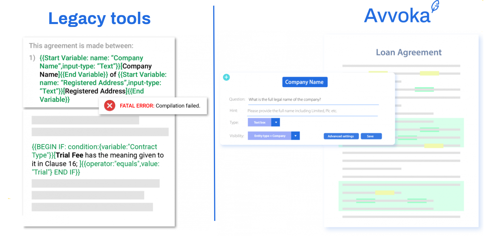 A comparison of two screens demonstrating document automation: one using a legacy tool and the other using Avvoka, a no-code, simple, and easy-to-use document automation tool.