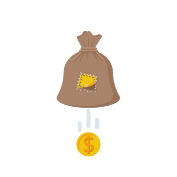 Hole in bag. Coin falls out of the bag. Vector