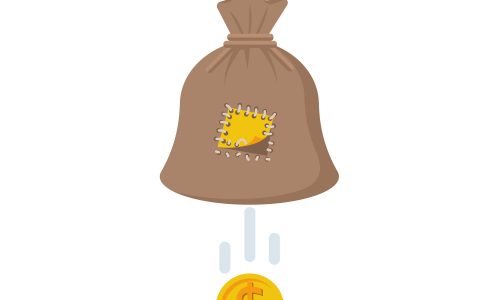Hole in bag. Coin falls out of the bag. Vector